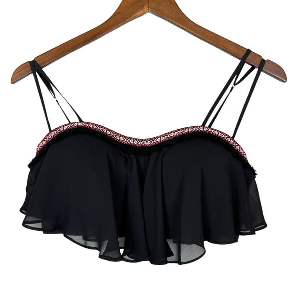Bebe Black Tribal Embroidered with Black Fringe Bustier Top with Sheer Overlay - Picture 7 of 10